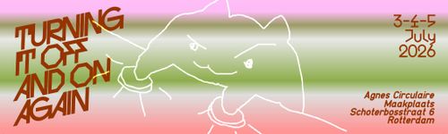 A playful poster announces an upcoming exhibition. Against a pink and olive green gradient background slanted capital letters read 'Turning it off and on again'. An outline drawing of a smirking cat pressing buttons decorates the poster and intersect with the lettering.